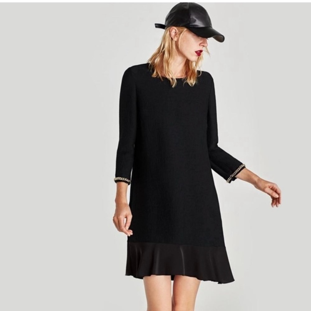NWT Zara Flutter Hem Chained Cuff Ribbed A-Line Dress in Black Size Medium
